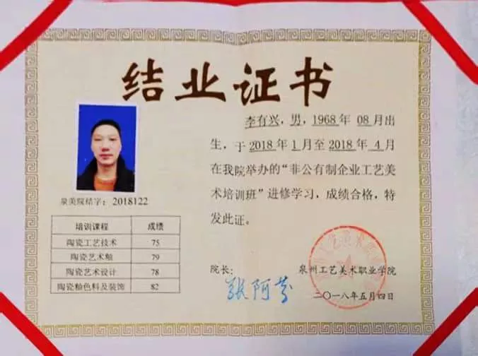 结业证书-“非公有制企业工艺美术培训班”